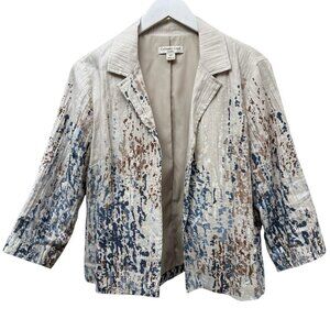 COLDWATER CREEK Linen Jacket Size Medium Petite Blue Beige Womens Open Front